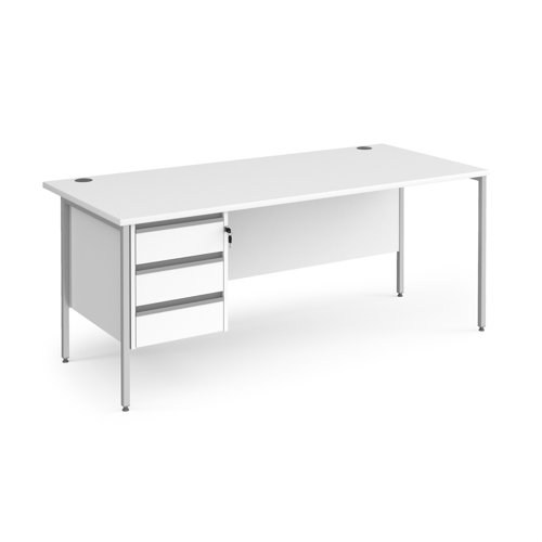 Contract 25 straight desk with 3 drawer pedestal and silver H-Frame leg 1800mm x 800mm - white top