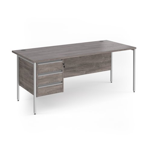 Contract 25 straight desk with 3 drawer pedestal and white H-Frame leg 1800mm x 800mm - grey oak top