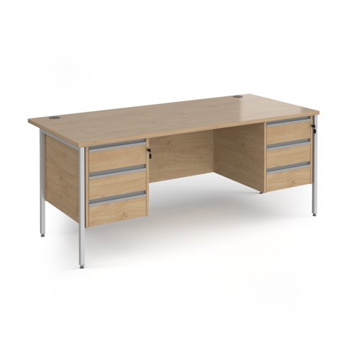 Contract 25 straight desk with 3 and 3 drawer pedestals and silver H-Frame leg 1800mm x 800mm - kendal oak top