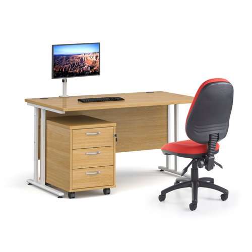 Bundle deal - Maestro 25 straight 1400mm desk in beech with white frame/ 3 drawer pedestal/ Luna white monitor arm and Vantage V100 chair in blue