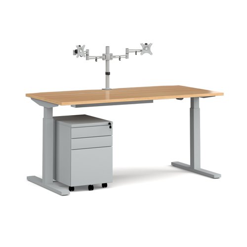 Elev8 Mono直坐立桌1600mm -银色框架和山毛榉顶部与匹配的双显示器臂和钢底座和电缆桥架