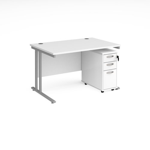 Maestro 25 straight desk 1200mm x 800mm with silver cantilever leg frame and tall slimline 3 drawer mobile pedestal - white