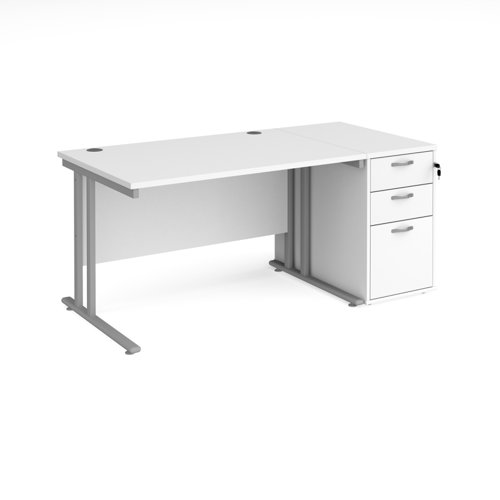 Maestro 25 straight desk 1200mm x 800mm with silver cantilever leg frame and desk end pedestal - white