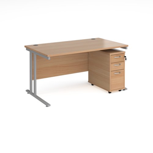 Maestro 25 straight desk 1400mm x 800mm with silver cantilever leg frame and tall slimline 3 drawer mobile pedestal - beech