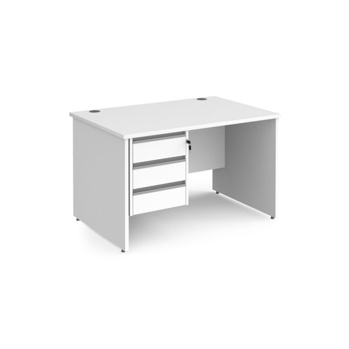 Contract 25 straight desk with 3 drawer silver pedestal and panel leg 1200mm x 800mm - white