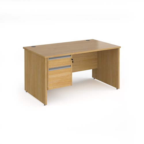 Contract 25 straight desk with 2 drawer silver pedestal and panel leg 1400mm x 800mm - oak