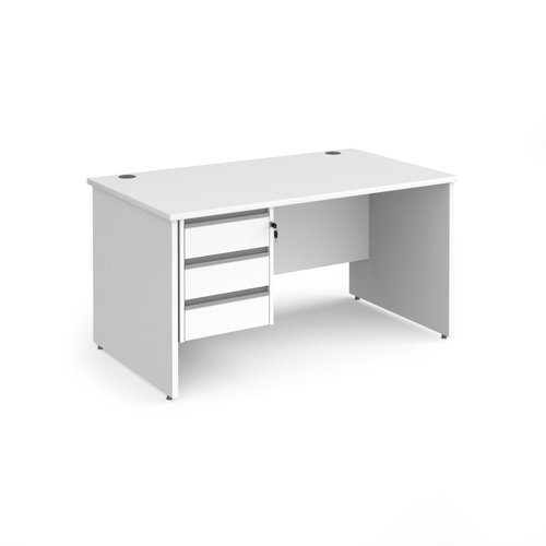 Contract 25 straight desk with 3 drawer silver pedestal and panel leg 1400mm x 800mm - white