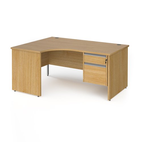 Contract 25 left hand ergonomic desk with 2 drawer silver pedestal and panel leg 1600mm - oak