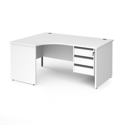 Contract 25 left hand ergonomic desk with 3 drawer graphite pedestal and panel leg white top