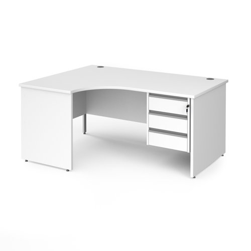 Contract 25 left hand ergonomic desk with 3 drawer silver pedestal and panel leg white top
