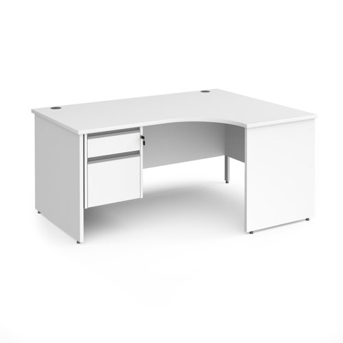 Contract 25 right hand ergonomic desk with 2 drawer silver pedestal and panel leg white top