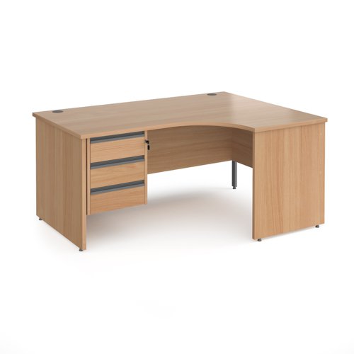 Contract 25 right hand ergonomic desk with 3 drawer graphite pedestal and panel leg 1600mm - beech