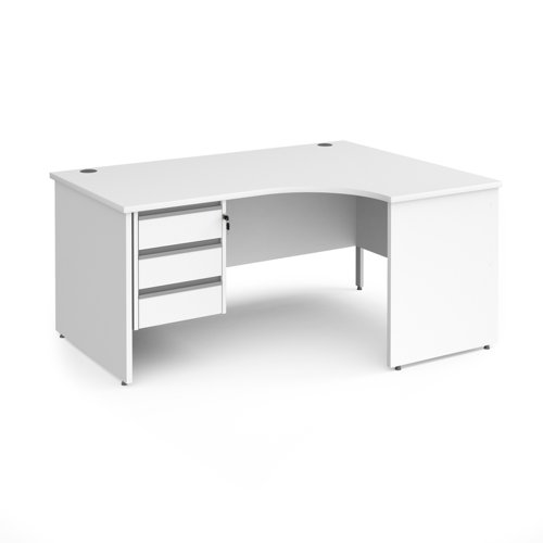 Contract 25 right hand ergonomic desk with 3 drawer silver pedestal and panel leg white top