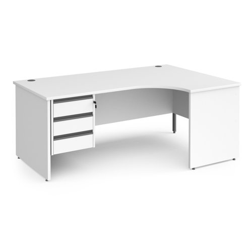 Contract 25 right hand ergonomic desk with 3 drawer graphite pedestal and panel leg 1800mm - white