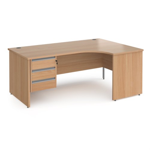 Contract 25 right hand ergonomic desk with 3 drawer silver pedestal and panel leg 1800mm - beech
