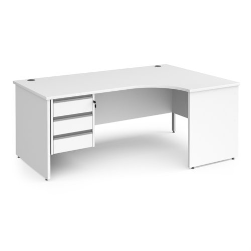 Contract 25 right hand ergonomic desk with 3 drawer silver pedestal and panel leg 1800mm - white