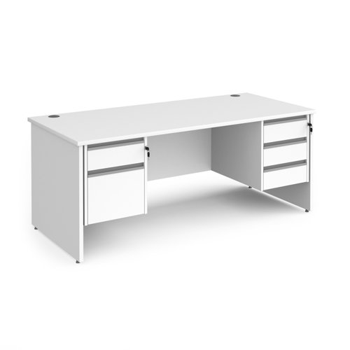 Contract 25 straight desk with 2 and 3 drawer silver pedestals and panel leg 1800mm x 800mm - white