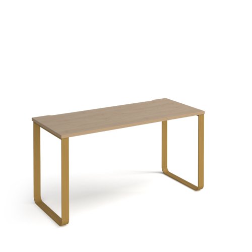 Cairo straight desk 1400mm x 600mm with sleigh frame legs - brass frame and oak top