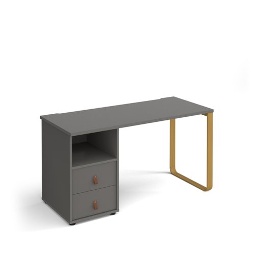 Cairo straight desk 1400mm x 600mm with sleigh frame leg and support pedestal with drawers - brass frame, grey finish with grey drawers
