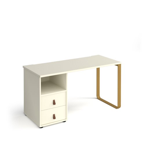 Cairo straight desk 1400mm x 600mm with sleigh frame leg and support pedestal with drawers - brass frame and white finish with white drawers