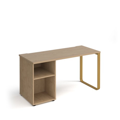 Cairo straight desk 1400mm x 600mm with sleigh frame leg and support pedestal - brass frame and oak top