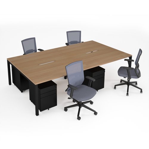 Connex II starter kit for 4 people, comprising of beech desk, black frame, black metal pedestal and Travis mesh chairs in black