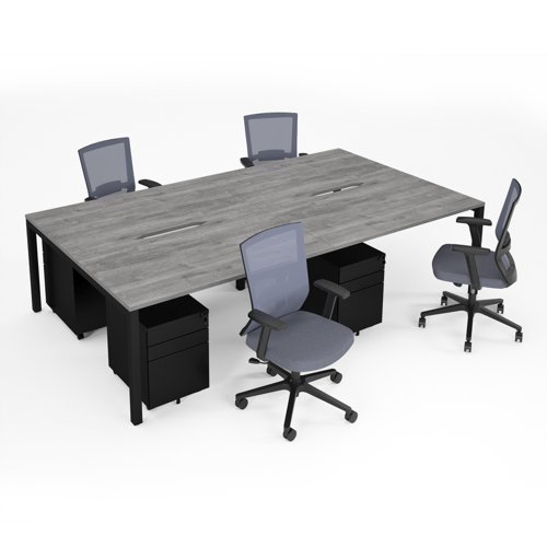 Connex II starter kit for 4 people, comprising of grey oak desk, black frame, black metal pedestal and Travis mesh chairs in black