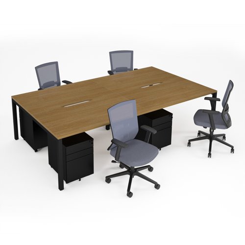 Connex II starter kit for 4 people, comprising of oak desk, black frame, black metal pedestal and Travis mesh chairs in black