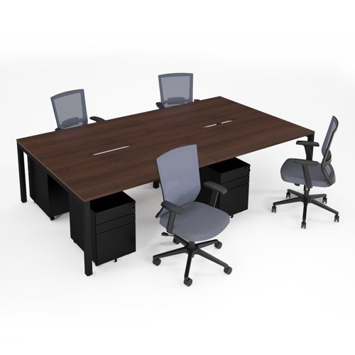 Connex II starter kit for 4 people, comprising of walnut desk, black frame, black metal pedestal and Travis mesh chairs in black