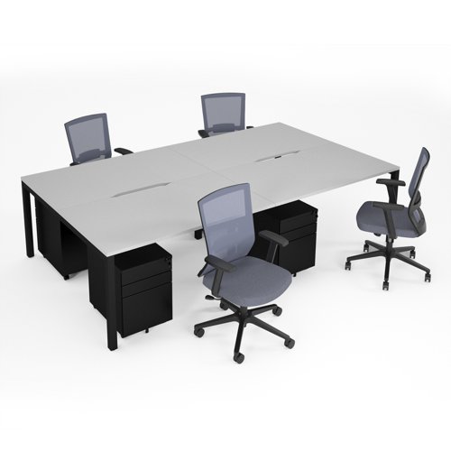 Connex II starter kit for 4 people, comprising of white desk, black frame, black metal pedestal and Travis mesh chairs in black