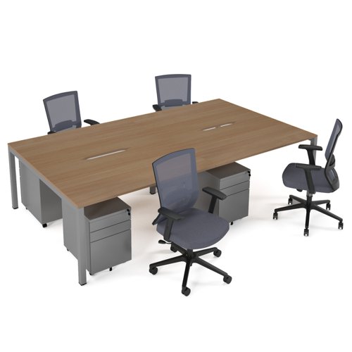 Connex II starter kit for 4 people, comprising of beech desk, silver frame, silver metal pedestal and Travis mesh chairs in black