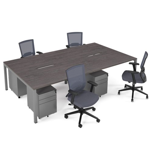 Connex II starter kit for 4 people, comprising of grey oak desk, silver frame, silver metal pedestal and Travis mesh chairs in black