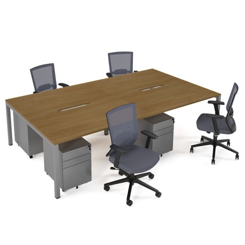 Connex II starter kit for 4 people, comprising of oak desk, silver frame, silver metal pedestal and Travis mesh chairs in black