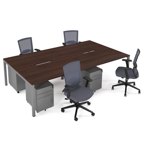 Connex II starter kit for 4 people, comprising of walnut desk, silver frame, silver metal pedestal and Travis mesh chairs in black