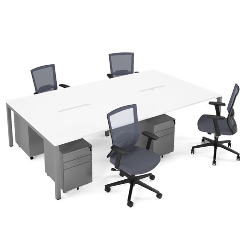 Connex II starter kit for 4 people, comprising of white desk, silver frame, silver metal pedestal and Travis mesh chairs in black