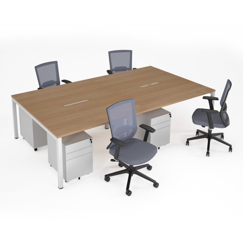 Connex II starter kit for 4 people, comprising of beech desk, white frame, white metal pedestal and Travis mesh chairs in black