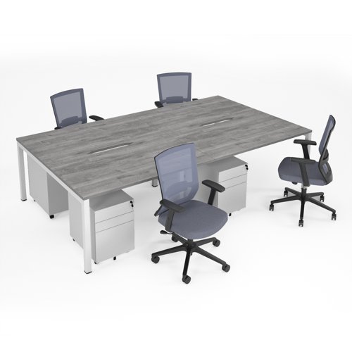 Connex II starter kit for 4 people, comprising of grey oak desk, white frame, white metal pedestal and Travis mesh chairs in black