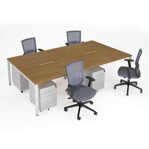 Connex II starter kit for 4 people, comprising of oak desk, white frame, white metal pedestal and Travis mesh chairs in black