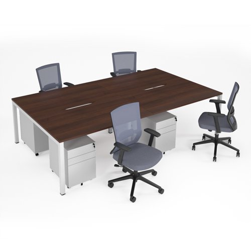 Connex II starter kit for 4 people, comprising of walnut desk, white frame, white metal pedestal and Travis mesh chairs in black