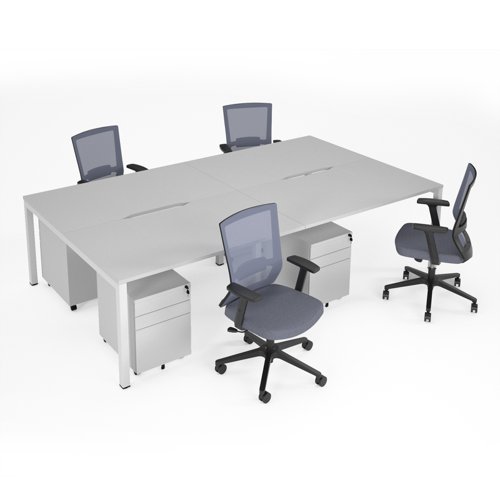 Connex II starter kit for 4 people, comprising of white desk, white frame, white metal pedestal and Travis mesh chairs in black