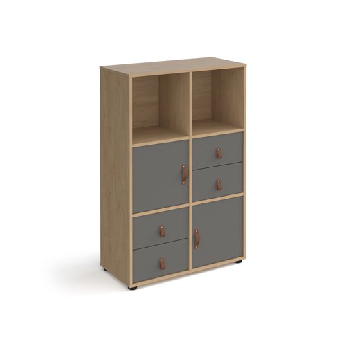 Universal cube storage unit 1295mm high on glides with 2 cupboards and 2 sets of drawers - oak with grey inserts