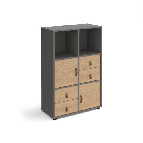 Universal cube storage unit 1295mm high on glides with 2 cupboards and 2 sets of drawers - grey with oak inserts CUBE-BUNDLE-10-OG-KO Buy online at Office 5Star or contact us Tel 01594 810081 for assistance