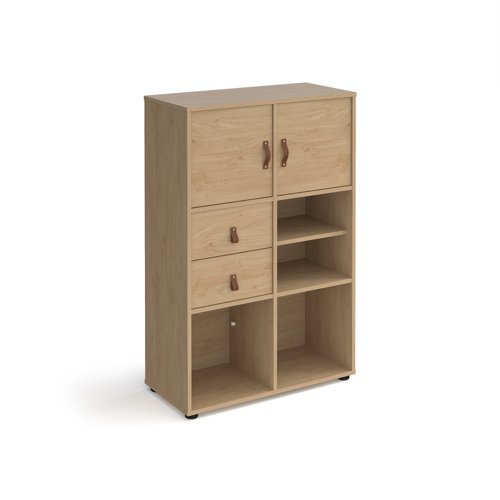 Universal cube storage unit 1295mm high on glides with matching shelf, 2 cupboards and drawers - oak with oak inserts