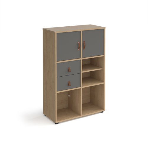 Universal cube storage unit 1295mm high on glides with matching shelf, 2 cupboards and drawers - oak with grey inserts