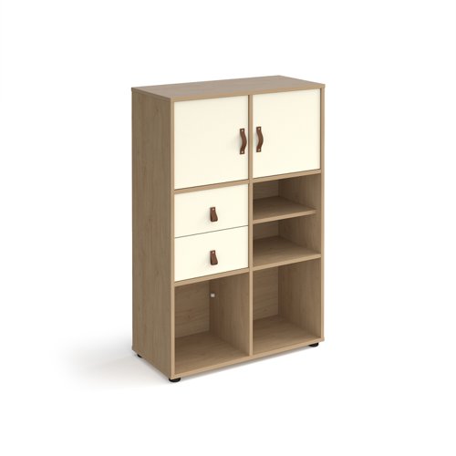 Universal cube storage unit 1295mm high on glides with matching shelf and 2 cupboards and drawers - oak with white inserts