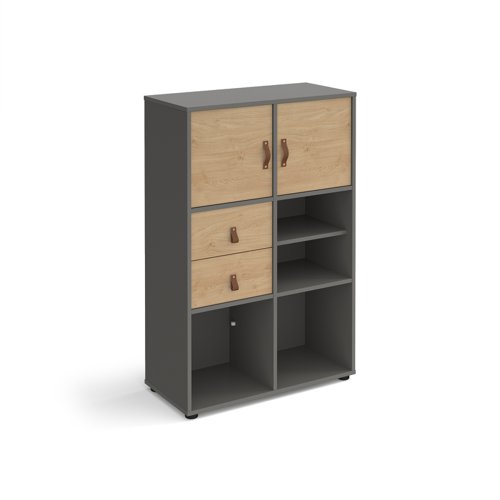Universal cube storage unit 1295mm high on glides with matching shelf and 2 cupboards and drawers - grey with oak inserts