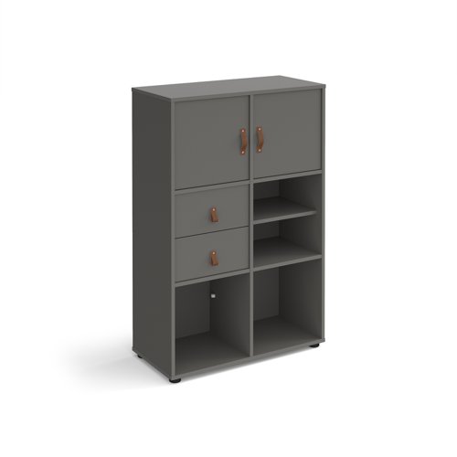 Universal cube storage unit 1295mm high on glides with matching shelf, 2 cupboards and drawers - grey with grey inserts