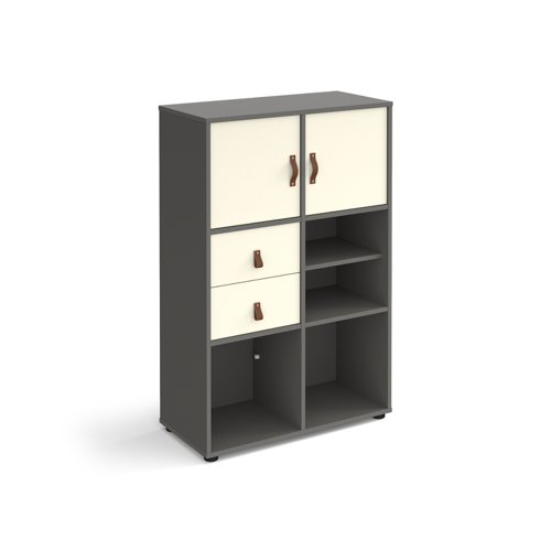 Universal cube storage unit 1295mm high on glides with matching shelf, 2 cupboards and drawers - grey with white inserts