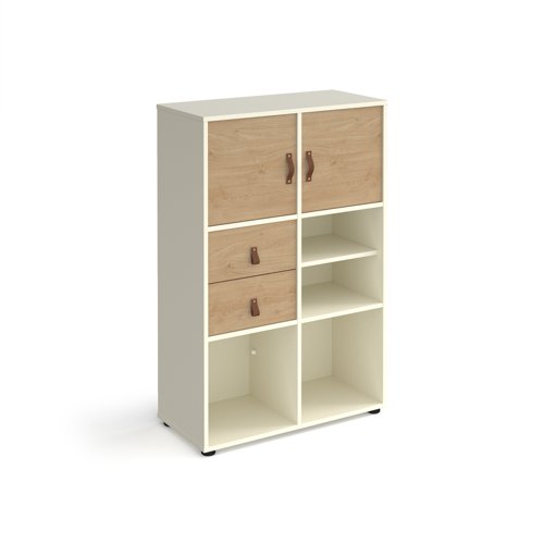 Universal cube storage unit 1295mm high on glides with matching shelf, 2 cupboards and drawers - white with oak inserts