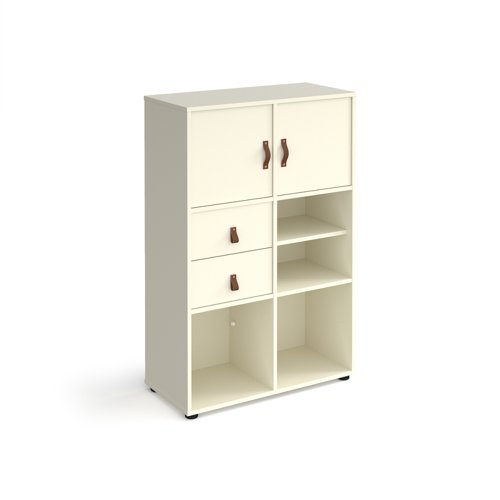 Universal cube storage unit 1295mm high on glides with matching shelf, 2 cupboards and drawers - white with white inserts